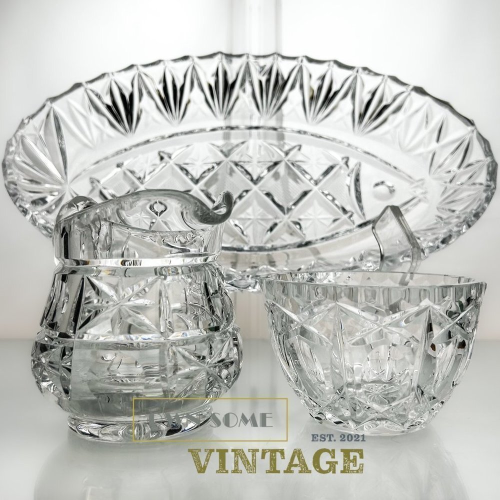 Crystal Creamer Set | Cut Crystal in 1970s Retro Design | Creamer, Sugar Bowl, T - Picture 10 of 10